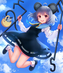 Rule 34 | 1girl, ahoge, animal ears, basket, black footwear, bloomers, blue sky, blush, cloud, commentary request, crystal, dowsing rod, flat chest, full body, grey hair, grey skirt, grey vest, highres, jewelry, jumping, kisaragi koushi, layered clothes, long sleeves, looking at viewer, medium bangs, mouse (animal), mouse ears, mouse girl, mouse tail, nazrin, open mouth, pendant, red eyes, shirt, shoes, short hair, skirt, skirt set, sky, smile, socks, solo, tail, touhou, underwear, vest, white shirt, white socks
