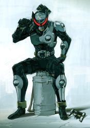 Rule 34 | 1boy, armor, belt, drum (container), full body, gun, helmet, highres, holding, holding gun, holding weapon, kamen rider, kamen rider birth, kamen rider ooo (series), male focus, over shoulder, red eyes, shimoguchi tomohiro, sitting, solo, weapon, weapon over shoulder