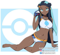 Rule 34 | 1girl, aqua eyes, aqua hair, arm support, armlet, barefoot, belly chain, bike shorts, black hair, blue gloves, breasts, closed mouth, commentary request, creatures (company), dark-skinned female, dark skin, earclip, earrings, eyelashes, eyeshadow, game freak, gloves, green eyeshadow, hand up, holding, holding poke ball, hoop earrings, jewelry, knees, leaning to the side, legs, long hair, looking at viewer, makeup, medium breasts, multicolored hair, navel, necklace, nessa (pokemon), nintendo, pegasus arts, poke ball, poke ball (basic), poke ball symbol, pokemon, pokemon swsh, single glove, smile, solo, two-tone hair