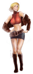 Rule 34 | 1girl, adapted costume, bare shoulders, belt, blonde hair, blue eyes, blue mary, bomber jacket, boots, breasts, crop top, eyebrows hidden by hair, fatal fury, halterneck, hands on own hips, impossible clothes, impossible shirt, jacket, large breasts, legs together, long image, midriff, miniskirt, navel, shirt, short hair, skirt, snk, solo, steward b, strapless, swept bangs, tall image, the king of fighters, tube top, wide hips