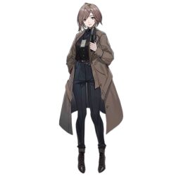 Rule 34 | 1girl, artist request, belt, black shirt, blue eyes, blue pants, boots, breasts, brown coat, brown footwear, brown hair, buttons, coat, cross-laced footwear, full body, girls&#039; frontline, hand in pocket, holding, holding microphone, id card, jacket, lace-up boots, lanyard, long sleeves, looking at viewer, medium breasts, medium hair, microphone, official alternate costume, official art, open clothes, open coat, pants, parted lips, reporter, shadowless (girls&#039; frontline), shirt, short hair, simple background, solo, standing, transparent background