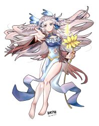 Rule 34 | 1girl, absurdres, arknights, barefoot, blue dress, blue petals, blue ribbon, breasts, cleavage, clothing cutout, commentary request, dated, dress, feathered wings, feathers, flower, gaoling gangqin, glowing, gradient dress, grey eyes, hair petal, hair ribbon, head wings, highres, holding, holding flower, long hair, medium breasts, mulberry (arknights), mulberry (reflection that of the moons) (arknights), navel, navel cutout, pelvic curtain, reaching, reaching towards viewer, ribbon, simple background, solo, very long hair, white background, white feathers, white hair, white wings, wide sleeves, wings