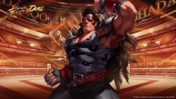 Rule 34 | 1boy, belt, curly hair, fighting stance, final fight, fingerless gloves, gloves, highres, hokuto no ken, hugo andore, logo, mask, muscular, muscular male, no pupils, official alternate costume, official art, parody, spikes, stadium, street fighter, tank top, wrestling ring