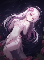 Rule 34 | 1girl, angel, blush, breasts, commentary, dress, embarrassed, feet out of frame, flower, hair flower, hair ornament, halo, hands on own chest, highres, kira (kira78718520), long hair, lying, medium breasts, on back, original, partially submerged, petals, pink flower, pink rose, red eyes, ripples, rose, sidelocks, solo, tearing up, thighhighs, white dress, white hair, white thighhighs