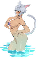 Rule 34 | 1girl, animal ears, armlet, blush, breasts, cat ears, cat tail, dark-skinned female, dark skin, facial mark, final fantasy, final fantasy xiv, from side, grey eyes, grey hair, highres, large breasts, liangjushuang, miqo&#039;te, navel, neck tattoo, one eye closed, short hair, solo, swimsuit, tail, tattoo, wet, whisker markings, y&#039;shtola rhul