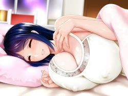 Rule 34 | 1girl, bare shoulders, bed, bed sheet, blue hair, blurry, blurry background, blush, breasts, cleavage, covered erect nipples, dress, closed eyes, female focus, gibo no hairanbi ~houman sugiru deka uba to, zeijaku sugita boku no risei~, hands on own chest, hands up, happy, highres, huge breasts, indoors, long hair, lying, on bed, on side, original, parted lips, pillow, rara 8, sleeveless, smile, solo, under covers, upper body