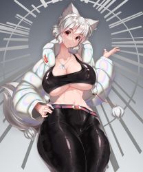 Rule 34 | 1girl, absurdres, animal ears, belt, black bra, black pants, bra, breasts, cowboy shot, dog tags, down jacket, gradient background, hand on own hip, hand up, highres, huge breasts, inubashiri momiji, jacket, looking at viewer, midriff, navel, pants, pom pom (clothes), red eyes, short hair, silver hair, smile, solo, sports bra, standing, tail, thighs, tochinoko, touhou, underwear, wolf ears, wolf tail