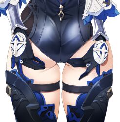 Rule 34 | 1girl, ass, ass focus, bellone, eula (genshin impact), from behind, genshin impact, gloves, hands on own ass, highres, long sleeves, solo, thick thighs, thigh strap, thighhighs, thighs, white background
