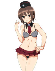 Rule 34 | 10s, 1girl, blush, bra, breasts, brown eyes, brown hair, girls und panzer, grey bra, hat, navel, nishizumi maho, ouhashi, skirt, small breasts, smile, solo, thong, underwear