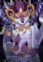 Rule 34 | 1boy, animal ears, armband, bael (housamo), black background, black fire, claws, colored sclera, fire, furry, furry male, head wreath, headwear request, highres, horns, jewelry, loincloth, looking at viewer, male focus, multicolored fur, multiple rings, necklace, purple fur, red eyes, ring, smile, smirk, solo, tokiniha netai (pm8sleepy), tokyo houkago summoners, tunic, upper body, white fur