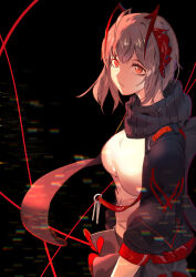 Rule 34 | 1girl, ahoge, antennae, arknights, arm at side, black background, black jacket, breasts, closed mouth, glitch, grey hair, grey skirt, highres, horns, hu tu, jacket, long sleeves, miniskirt, open clothes, open jacket, orange eyes, scarf, shirt, short hair, skirt, small breasts, solo, upper body, w (arknights), white shirt