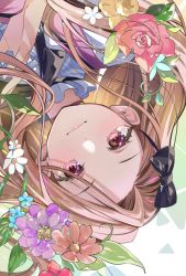 Rule 34 | 1girl, blush, bow, brown hair, closed mouth, commentary request, flower, hair flower, hair ornament, highres, idolmaster, long hair, looking at viewer, minase iori, red eyes, shunka tunacan, solo, tsurime, upside-down