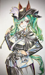 Rule 34 | 1girl, absurdres, anchovy (girls und panzer), animal ears, anzio military uniform, belt, black capelet, black headwear, black necktie, black ribbon, capelet, commentary, cosplay, cowboy shot, dress shirt, drill hair, ears through headwear, girls und panzer, green hair, grey jacket, grey pants, grin, hair ribbon, hat feather, highres, holding, horse ears, horse tail, jacket, long hair, long sleeves, looking at viewer, nabeyu, necktie, pants, red eyes, ribbon, riding crop, sam browne belt, shirt, smile, solo, standing, tail, toni bianca (umamusume), toni bianca (umamusume) (cosplay), traditional media, twin drills, twintails, umamusume, white shirt, wing collar