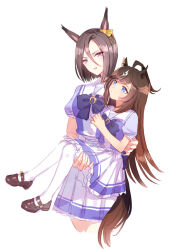 Rule 34 | 2girls, aged down, ahoge, air groove (umamusume), animal ears, blue eyes, bow, bowtie, breasts, brown footwear, brown hair, carrying, child, child carry, closed mouth, duramente (umamusume), ear bow, horse ears, horse girl, horse tail, long hair, looking at another, multiple girls, open mouth, purple eyes, purple shirt, romi (346 ura), sailor collar, school uniform, shirt, shoes, short hair, short sleeves, simple background, skirt, small breasts, smile, tail, thighhighs, tracen school uniform, umamusume, white background, white skirt, white thighhighs