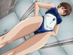 Rule 34 | 1girl, bible black, breasts, brown eyes, brown hair, competition swimsuit, dutch angle, game cg, glasses, large breasts, lens, locker, locker room, looking down, nonogusa miyuki, one-piece swimsuit, short hair, smile, swimsuit, third-party edit