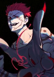 Rule 34 | 1boy, absurdres, black background, black plume, body markings, collarbone, extra eyes, facial mark, fingernails, hand mouth, highres, jujutsu kaisen, looking at viewer, male focus, open mouth, red eyes, red hair, red theme, ryoumen sukuna (jujutsu kaisen), sharp fingernails, sharp teeth, short hair, simple background, smile, solo, spiked hair, teeth, topless male, undercut, v-shaped eyebrows