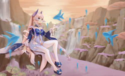 Rule 34 | 1girl, bare shoulders, blunt bangs, blurry, bow, cliff, collarbone, commentary request, depth of field, detached sleeves, fish, genshin impact, gloves, gradient hair, half gloves, highres, long hair, long sleeves, looking at another, low twintails, multicolored hair, pink hair, purple eyes, river, rock, sangonomiya kokomi, shorts, sidelocks, sitting, smile, thick eyebrows, thighhighs, twintails, vision (genshin impact), water, waterfall, white gloves, white shorts, white thighhighs, wide sleeves, y zze, zettai ryouiki