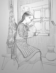 Rule 34 | 1girl, absurdres, apron, bad id, bad twitter id, bench, black hair, dress, feet out of frame, greyscale, highres, long hair, long sleeves, monochrome, original, solo, vase, wass nonnam, window