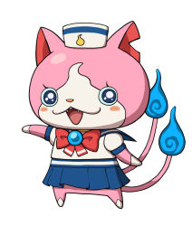 Rule 34 | 10s, artist request, blue skirt, blush, cat, fangs, flat color, full body, hat, multiple tails, no humans, notched ear, official art, open mouth, pleated skirt, sailornyan, school uniform, serafuku, simple background, skirt, standing, tail, traditional youkai, two tails, white background, youkai watch