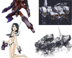 Rule 34 | 1girl, armored core, armored core: for answer, armored core 3, bra, breasts, female focus, from software, gun, kneeling, mecha, mecha musume, noblesse oblige, panties, robot, underwear, weapon, white background, yutori