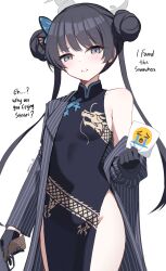 Rule 34 | 1girl, black dress, black gloves, black hair, blue archive, blush, breasts, china dress, chinese clothes, collarbone, covered navel, cowboy shot, crying emoji, double bun, dress, ears, emoji, english text, gloves, grey eyes, groin, gun, hair bun, halo, handgun, highres, holding, holding gun, holding paper, holding weapon, jacket, kisaki (blue archive), lips, long hair, looking at viewer, meme, open mouth, paper, parted lips, pelvic curtain, raised eyebrow, reia 76, simple background, single bare shoulder, sleeveless, sleeveless dress, small breasts, solo, teeth, twintails, twitter username, uohhhhhhhhh! (meme), weapon, white background