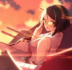 Rule 34 | 10s, 1girl, breasts, cloud, cloudy sky, detached sleeves, glasses, headband, kantai collection, kirishima (kancolle), light rays, looking at viewer, looking back, medium breasts, nagareboshi, nontraditional miko, orange sky, outdoors, parted lips, ribbon-trimmed sleeves, ribbon trim, short hair, sky, solo, sunset, upper body, yellow-framed eyewear