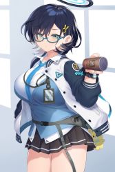 Rule 34 | 1girl, absurdres, asamura hiori, black hair, blue-framed eyewear, blue archive, blue cardigan, blue necktie, breasts, cardigan, chihiro (blue archive), cowboy shot, fanny pack, glasses, green eyes, hair ornament, highres, id card, jacket, large breasts, looking at viewer, multicolored clothes, multicolored jacket, necktie, open collar, pleated skirt, rabbit hair ornament, semi-rimless eyewear, shirt, skirt, solo, swept bangs, two-tone jacket, under-rim eyewear, valentine, white shirt