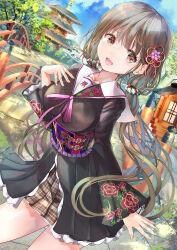 Rule 34 | 1girl, absurdres, black dress, bridge, brown eyes, brown hair, day, dress, hand on own chest, highres, japanese clothes, leaning forward, long hair, long sleeves, looking at viewer, ogata tei, open mouth, original, outdoors, school uniform, serafuku, smile, solo, standing