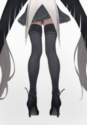 Rule 34 | 1girl, absurdly long hair, absurdres, arknights, black footwear, black hair, black thighhighs, blunt ends, coat, colored inner hair, facing ahead, from behind, grey hair, grey skirt, high heels, highres, invisible floor, kneepits, leg focus, leg only, legs, long hair, lower body, made in zhejiang, miniskirt, multicolored hair, pleated skirt, shiny clothes, shiny footwear, shiny legwear, simple background, skindentation, skirt, solo, standing, straight hair, strappy heels, tailcoat, thighhighs, thighs, two-tone hair, very long hair, virtuosa (arknights), white background, white coat, zettai ryouiki