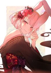 Rule 34 | 1girl, animal ears, bare shoulders, eden (eden871225), flower, hair flower, hair ornament, highres, hololive, hololive english, japanese clothes, kimono, looking at viewer, lop rabbit ears, mori calliope, mori calliope (new year), obi, official alternate costume, pink eyes, pink hair, rabbit ears, sash, short hair, solo, virtual youtuber