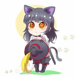 Rule 34 | :&lt;, animal ears, black hair, blake belladonna, boots, cat ears, cat tail, chibi, commentary, full body, hat, iesupa, pirate costume, pirate hat, puss in boots, puss in boots (shrek), rwby, rwby chibi, shrek (series), solo, tail, yellow eyes