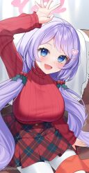 Rule 34 | 1girl, absurdres, blue archive, blue eyes, breasts, halo, hanae (blue archive), hanae (christmas) (blue archive), highres, large breasts, long hair, pantyhose, plaid, plaid skirt, purple hair, red sweater, rynzfrancis, skirt, sweater, turtleneck, turtleneck sweater, twintails, white pantyhose