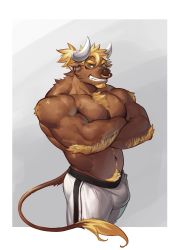 Rule 34 | 1boy, animal ears, arm hair, bara, blonde hair, brown fur, bulge, chest hair, chest tuft, cow ears, cow horns, cow tail, cropped legs, crossed arms, earrings, facial hair, fluffy, furry, furry male, goatee, green eyes, grin, hairy, highres, horns, jewelry, large pectorals, looking at viewer, male focus, male pubic hair, mature male, minotaur, muscular, muscular male, navel, navel hair, nipples, nose piercing, nose ring, original, pants, pectorals, piercing, pubic hair, selkiro, topless male, short hair, smile, solo, stomach, tail, thick eyebrows, tight clothes, tight pants, white horns, white pants
