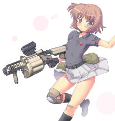 Rule 34 | 1girl, bandaid, bandaid on knee, bandaid on leg, belt, black gloves, breasts, brown hair, gloves, grenade launcher, grey eyes, hair bobbles, hair ornament, hase yu, knee pads, miniskirt, one side up, original, pleated skirt, polo shirt, pouch, single knee pad, skirt, small breasts, solo, trigger discipline, weapon