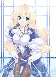 Rule 34 | 1girl, between thighs, black pantyhose, blonde hair, blue eyes, breasts, gloves, groin, hand on own chest, irouha, kyoukaisenjou no horizon, light smile, long hair, mary stuart, pantyhose, scar, solo, thighs