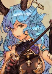 Rule 34 | 1girl, 2020, animal ears, black gloves, blue collar, blue hair, breasts, rabbit ears, collar, earrings, ferry (granblue fantasy), frilled collar, frilled gloves, frills, gloves, gold trim, granblue fantasy, hand up, holding, holding whip, hoop earrings, hungry clicker, jewelry, large breasts, long hair, looking at viewer, open mouth, sideboob, single earring, sleeveless, solo, upper body, wavy hair, yellow background, yellow eyes