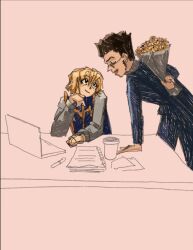 2boys bouquet computer desk flower hunter_x_hunter kurapika laptop leorio_paladiknight multiple_boys salmon_background sco1i yaoi