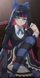 Rule 34 | 1girl, absurdres, blue bow, blue ribbon, blunt bangs, bow, chair, colored inner hair, eyelashes, food, fork, frown, gothic lolita, hair bow, highres, holding, holding fork, lolita fashion, long hair, magurosamm, multicolored hair, panty &amp; stocking with garterbelt, pantyhose, pink hair, ribbon, sitting, solo, stocking (psg), striped clothes, striped thighhighs, thighhighs, two-tone hair, very long hair