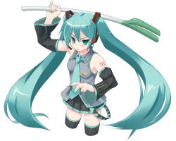 Rule 34 | 1girl, amasa mitsunaru, hair between eyes, hatsune miku, long hair, microphone, simple background, solo, spring onion, thighhighs, twintails, very long hair, vocaloid, white background