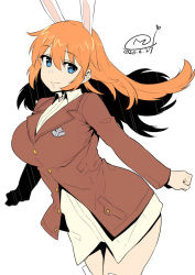 Rule 34 | 1girl, animal ears, breasts, brown jacket, charlotte e. yeager, commentary request, dated, hair between eyes, happa (cloverppd), jacket, large breasts, long hair, looking at viewer, orange hair, rabbit ears, rabbit girl, shirt, signature, simple background, smile, solo, strike witches, white background, world witches series
