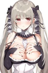 Rule 34 | 1girl, azur lane, bare shoulders, between breasts, black dress, black nails, blush, breasts, breasts out, closed mouth, clothes pull, covering privates, covering breasts, dress, dress pull, earrings, formidable (azur lane), frilled dress, frills, frown, grey hair, hair ribbon, hands on own chest, has bad revision, has downscaled revision, highres, jewelry, large breasts, long hair, looking at viewer, md5 mismatch, nail polish, red eyes, resolution mismatch, revision, ribbon, simple background, sino (sionori), solo, source smaller, twintails, two-tone ribbon, very long hair, white background