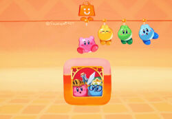 Rule 34 | :d, :o, arms up, artist name, bag, black-framed eyewear, blue eyes, blush, blush stickers, closed eyes, closed mouth, commentary request, eshop bag, falling, flask, frown, glasses, green headwear, hat, helmet, holding, holding sword, holding weapon, icon (computing), kirby, kirby (series), loading screen, looking at viewer, nintendo, nintendo eshop, no humans, open mouth, orange background, round-bottom flask, shopping bag, smile, star (symbol), suyasuyabi, sword, team kirby clash deluxe, twitter username, weapon