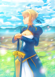 Rule 34 | 1girl, ahoge, artoria pendragon (fate), avalon (fate/stay night), bad id, bad pixiv id, blonde hair, day, dress, excalibur (fate/stay night), fate/stay night, fate (series), fateline alpha, female focus, field, green eyes, highres, looking afar, planted sword, planted, saber (fate), sheath, sheathed, sky, solo, sword, weapon
