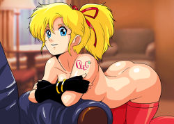 Rule 34 | 1girl, ass, blonde hair, blue eyes, blurry, breasts, chair, character name tattoo, curtains, depth of field, elle vianno, gundam, gundam zz, high ponytail, indoors, lamp, leggings, looking at viewer, medium breasts, name tattoo, nude, ponytail, red thighhighs, ribbon, solo, table, tattoo, thighhighs