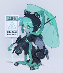 Rule 34 | 1girl, absurdres, aqua eyes, aqua hair, bright pupils, cable hair, cheri zao, dripping, electricity, full body, grey background, grey shirt, hatsune miku, highres, holding, holding umbrella, long hair, looking at viewer, mecha musume, proto miku (cheri zao), rain, robot girl, see-through, see-through sleeves, shirt, shoulder tattoo, solo, squatting, tattoo, translated, twintails, umbrella, very long hair, vocaloid, wet