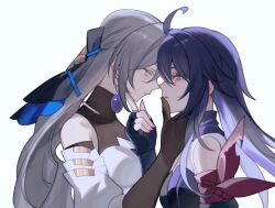 Rule 34 | 2girls, black gloves, blue background, bronya rand, closed mouth, commentary, detached sleeves, dress, earrings, elbow gloves, eye contact, finger to another&#039;s mouth, fingerless gloves, from side, gloves, grey eyes, grey hair, hand on another&#039;s chin, highres, honkai: star rail, honkai (series), jewelry, long hair, looking at another, mie xing, multiple girls, parted lips, profile, purple eyes, purple hair, purple scarf, scarf, seele (honkai: star rail), simple background, upper body, white dress, yuri