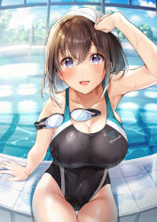 Rule 34 | 1girl, arm support, arm up, backlighting, black one-piece swimsuit, blue eyes, blue sky, blurry, blurry background, breasts, brown hair, cleavage, cloud, collarbone, commentary request, covered navel, day, goggles, hair between eyes, highres, indoors, large breasts, looking at viewer, one-piece swimsuit, open mouth, original, pool, pool ladder, poolside, puddle, shiro kuma shake, sitting, skindentation, sky, smile, solo, swim cap, swimsuit, thighs, tree, unworn goggles, wet, window