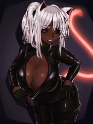 Rule 34 | 1girl, absurdres, animal ears, bad id, bad twitter id, black bodysuit, black gloves, black sclera, bodysuit, borrowed character, breasts, cat ears, cat girl, cat tail, catsuit, center opening, cleavage, cleavage reach, coco (bakeneko), colored sclera, colored skin, commission, cowboy shot, dark-skinned female, dark skin, downblouse, fang, fictional persona, gloves, glowing tail, half gloves, highres, huge breasts, kevbot, leaning forward, long hair, messy hair, mole, mole on breast, mole under eye, multiple moles, no bra, original, ponytail, raised eyebrow, red eyes, second-party source, shiny clothes, silver hair, solo, tail, teeth, thick thighs, thighs, unzipped, upper teeth only, very dark skin