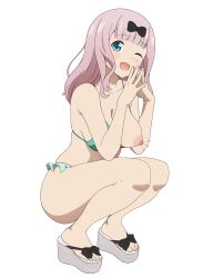 Rule 34 | 1girl, ;d, absurdres, bare arms, bare legs, bare shoulders, bikini, black bow, blue eyes, blunt bangs, blush, bow, breasts, coro fae, dot nose, feet, flip-flops, frilled bikini, frills, fujiwara chika, green bikini, hair bow, high heels, highres, kaguya-sama wa kokurasetai ~tensai-tachi no renai zunousen~, large breasts, long hair, looking at viewer, nipples, one breast out, one eye closed, open mouth, own hands together, paid reward available, pink hair, sandals, simple background, smile, solo, squatting, steepled fingers, swimsuit, toes, white background