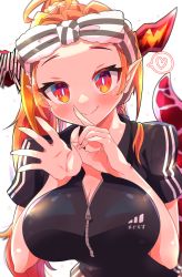 Rule 34 | 1girl, adidas, ahoge, black shirt, blush, bow, breasts, bright pupils, cleavage, commentary request, dragon girl, dragon horns, dragon tail, fang, hair over shoulder, heart, highres, hololive, horn bow, horn ornament, horns, kiryu coco, large breasts, long hair, looking at viewer, multicolored hair, open hand, orange eyes, orange hair, partially unzipped, pointy ears, sakuramochi (sakura frappe), shirt, short sleeves, simple background, skin fang, smile, solo, spoken heart, streaked hair, striped bow, striped clothes, striped shirt, sweatband, tail, translation request, upper body, virtual youtuber, white background, white pupils, zipper, zipper pull tab